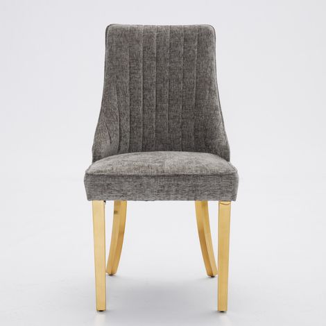 Lot de 2 chaises de salle à manger rembourrées en tissu chenille gris, pieds en acier inoxydable doré, dossier cannelé, confortables pour cuisine et salon, modèle DE1647GY. (1/5)