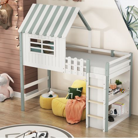 letto 90x200 casa con scaletta e sponda verde HAVRYA (1/5)