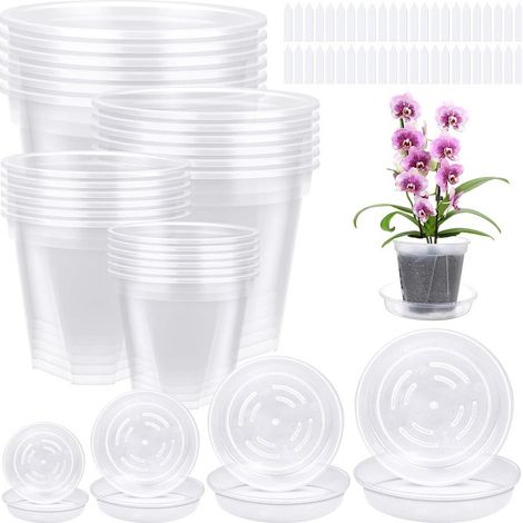 5 pots + 5 soucoupes pour pots de fleurs transparents, pots en plastique pour fleurs et plantes vertes, pots pour orchidées, univers (1/5)