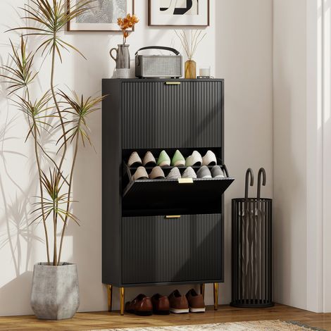 Meuble à chaussures 18 paires avec 3 tiroirs rabattables, portes cannelées et étagères réglables, 60x24x122,5cm, noir (1/5)