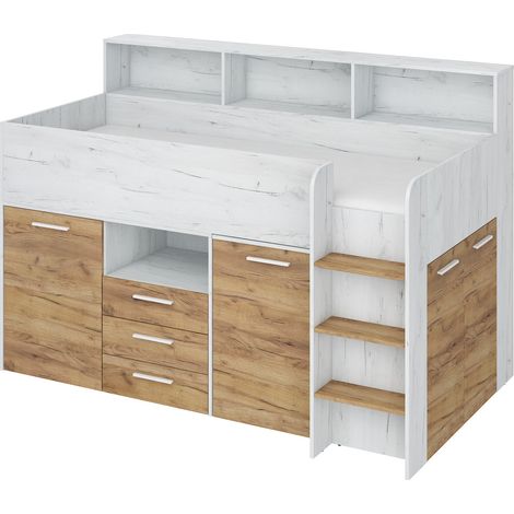 Bim Furniture – Lit mezzanine NEO avec bureau coulissant – Dimensions 206x120 cm – Surface de couchage 80x200 cm – Côté droit avec rangement intégré (1/5)