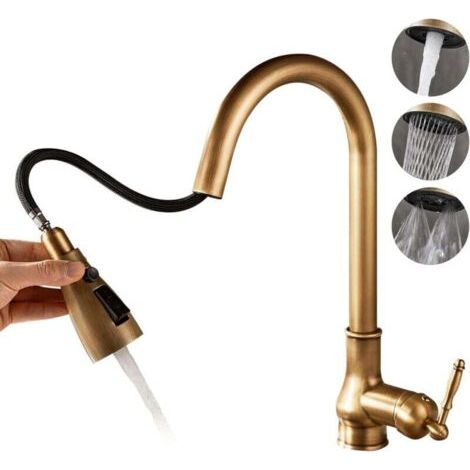 Vintage-Küchenarmatur im Antik-Bronze-Messing-Stil, Einlochmontage, mit ausziehbarem Sprüher (3-Funktions-Sprüher)