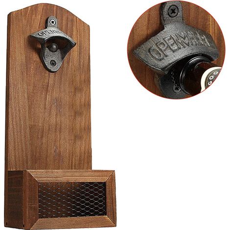 1 Ouvre-bouteille mural, design vintage métal et bois, avec récupérateur de capsules, pour bar, cuisine, terrasse (1/5)