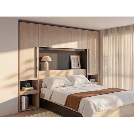 Letto con vani portaoggetti e LED 160 x 200 cm Naturale e Nero - VELONA (1/5)