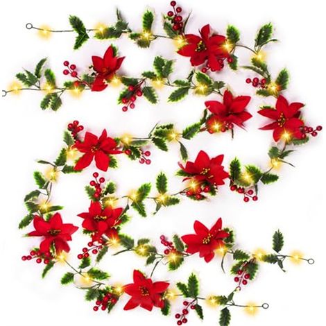 2 pièces Guirlande de poinsettia artificiel de 3 m avec 30 LED, guirlande lumineuse de fleurs pour décoration de table, à piles (1/5)