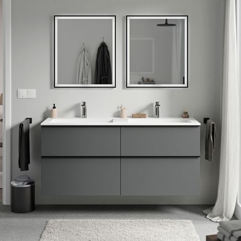 BERNSTEIN - Mueble lavabo suspendido MDF antracita mate, lavabo fundición blanco mate con orificio grifería, tirador cromado 140x46x62cm LAVOA antracita mate, cromo, Blanco mate con orificio para grif