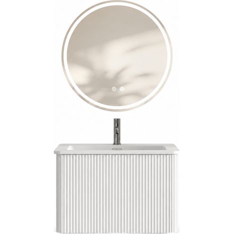 Conjunto de baño de 60 cm con espejo, lavabo mural con mueble, blanco, espejo LED redondo (1/5)