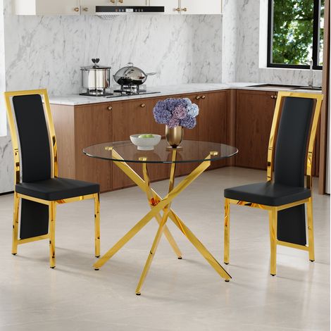 Set tavolo rotondo in vetro temperato 88 cm e 2 sedie PU nere, struttura dorata (1/5)