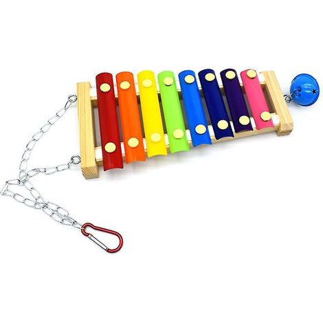 Xylophone suspendu en bois en forme de poule avec clochette et 8 touches métalliques - Jouet sonore pour perroquet, coq et poule - Jouet à picorer (1/4)