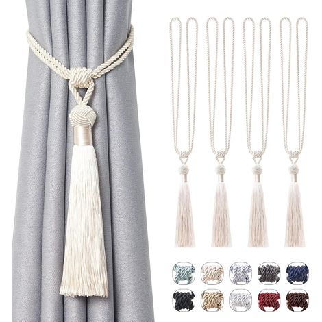4pcs embrasses de rideaux longues à pompons faites à la main en corde tressée avec nœuds de style décoration de fenêtre de maison et de bureau (beige)