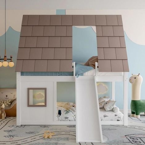 Lit superposé - KOMHTOM - Modèle Maison - 140x200 cm - Toit avec toboggan - Pin-MDF blanc-marron (1/5)