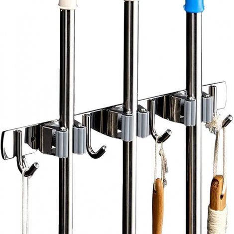 Estante para escobas montado en la pared: soporte para escobas de acero inoxidable, cocina, garaje, estante para almacenamiento de ropa (3 ranuras y 4 ganchos) (1/4)