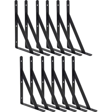 Lot de 12 supports d'étagère triangulaires robustes à angle droit, fixation murale, noirs, 20 cm (8 pouces).