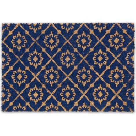 Paillasson Coco, 60x40 cm, antidérapant, résistant aux intempéries, Tapis de Porte, Design Floral, Bleu/Nature (1/5)