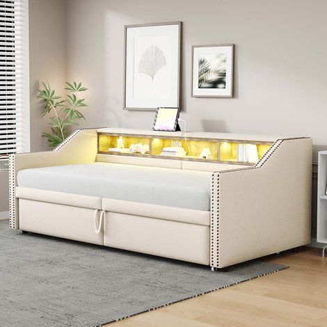 Lit gigogne extensible 90/180 x 200 cm, compartiment de rangement, éclairage LED et prise USB, beige (1/5)