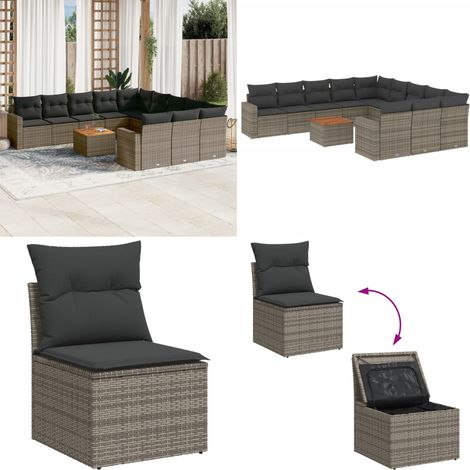 12-tlg. Garten-Sofagarnitur mit Kissen Grau Poly Rattan - Gartenmöbel Set - Lounge Möbel - Rattan Gartenset - Outdoor Möbel - Esstisch Set - Home & Living (1/5)