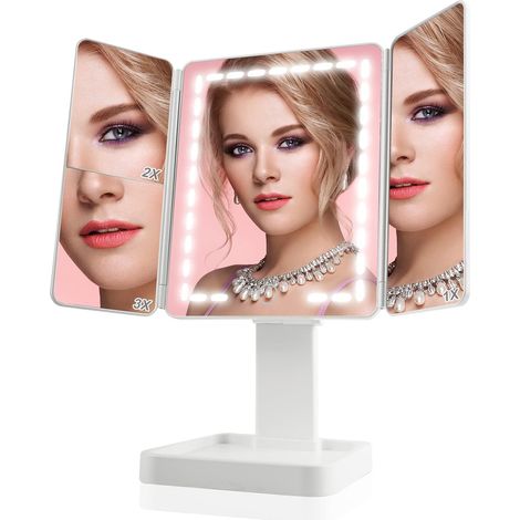 MINKUROW Specchio Per Il Trucco Con Luce Led, Ingrandimento 1x, 2x, 3x, Specchi A Doppia Alimentazione Con Touch Screen Per Oscuramento, Scomparto Portaoggetti, Doppia Alimentazione (Bianco) (1/5)