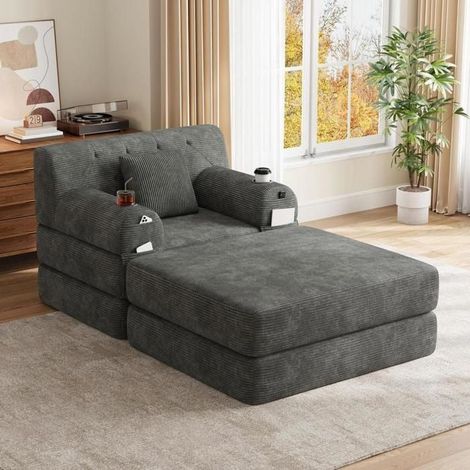 Fauteuil convertible - KOMHTOM - 1 place - velours côtelé - pouf & 2 gobelets - mousse haute densité (1/5)