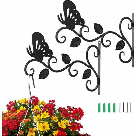 Juego de 2 soportes colgantes para plantas, ganchos de pared de metal de 30 cm, resistentes al óxido y con forma de mariposa, color negro. (1/5)