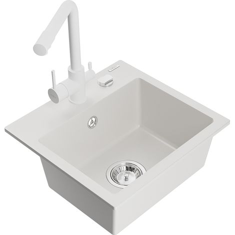 Mexen Milo évier en granit 1 bac avec robinet de cuisine Duero, blanc - 6505-20-671600-20 (1/5)