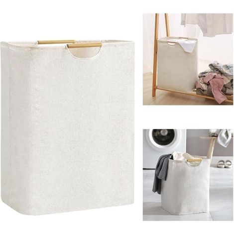 Panier à linge pliable en tissu Oxford beige 56x40x27 cm – Grande capacité avec poignées en bois – Pour chambre, salon, salle de bain (1/5)