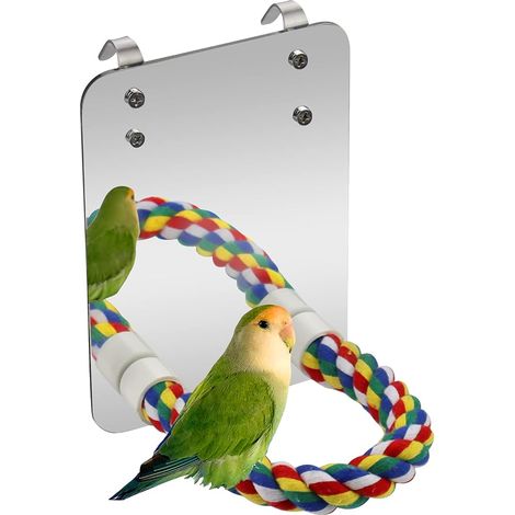 Miroir coloré pour cage à oiseaux, avec perchoir, corde et jouet suspendu pour l'activité et le divertissement.-AquaForge (1/4)