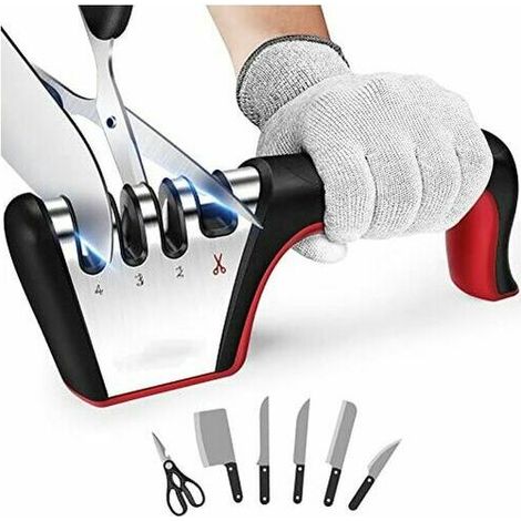 Aiguiseur Couteaux, 4 en 1 Affuteur Couteau Professionnel, eguiseur de Couteau pour Ciseaux et Couteaux de Cuisine de Différentes Tailles-Rouge (1/5)