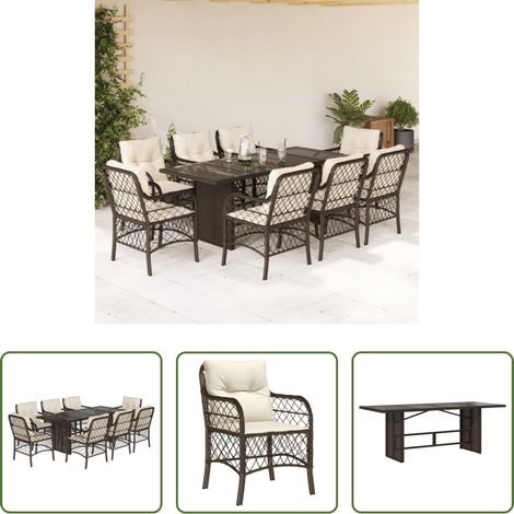Gartenessgruppe - 9-tlg. Garten-Essgruppe mit Kissen Braun Poly Rattan (1/5)