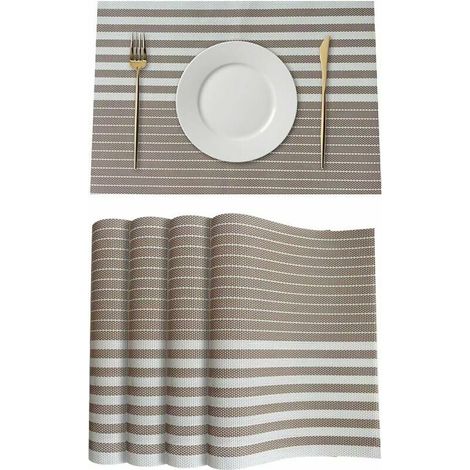 Table à manger Lot de 2 sets de table à rayures marron, sets de table pour table à manger, sets de table résistants à la chal, sets de table en PVC lavables, sets de table de cuisine. (1/5)