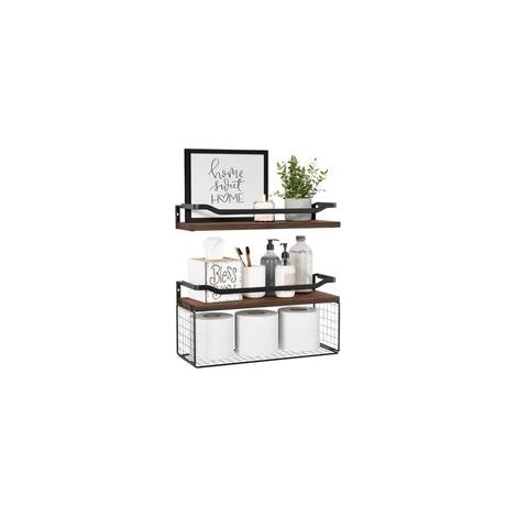Étagère flottante avec paniers de rangement en fil métallique, étagère murale en bois pour salle de bain, chambre, salon, porte-papier toilette – Marron foncé (1/5)