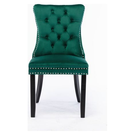 Chaises de salle à manger modernes haut de gamme — Structure en bois massif avec revêtement capitonné, tissu velours moderne, pieds en bois massif et finitions cloutées (Lot de 2) — Vert