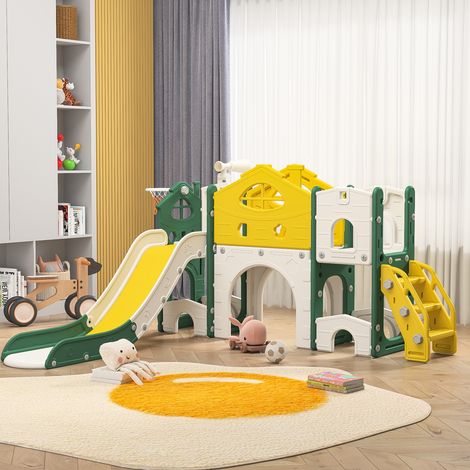 Ensemble de toboggans pour enfants, toboggan 7 en 1, toboggan + panier de basket + allée + escalier + structure d'escalade + télescope, 1 à 3 ans, intérieur et extérieur, jaune (1/5)