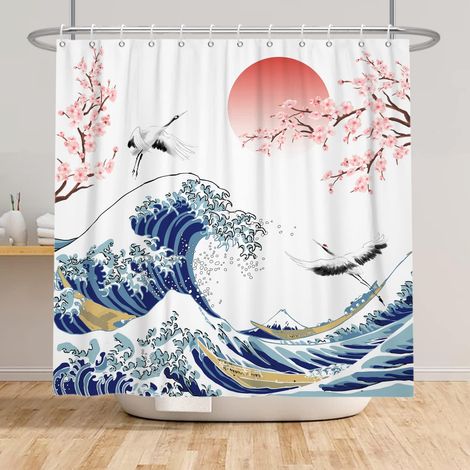 1 Rideau de douche, 180x243cm, motif vague et oiseau, polyester imperméable, pour salle de bains