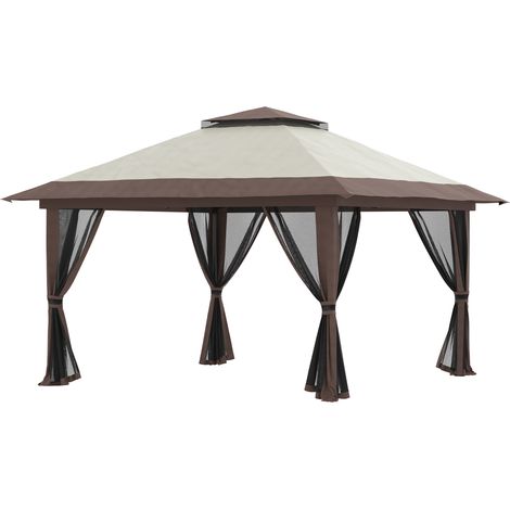 Tonnelle barnum jardin dépliante pliante, double toit anti-UV 50+, 4 moustiquaires zippées, 4 x 4 m, beige (1/5)
