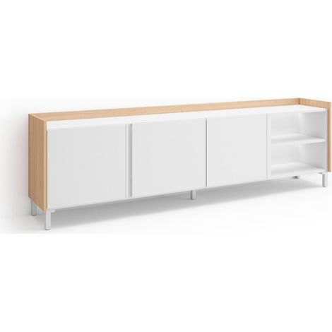 Skraut Home - Meuble TV, Banc Télé, Grand espace de Rangement, 207x35x61cm, Pour les TV jusqu'à 80", Design industriel, LED, Style moderne, Blanc et Chêne Soft (1/5)
