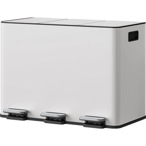 Cubo de basura de cocina, diseño de 3 compartimentos, tapas de cierre suave, blanco. (1/2)