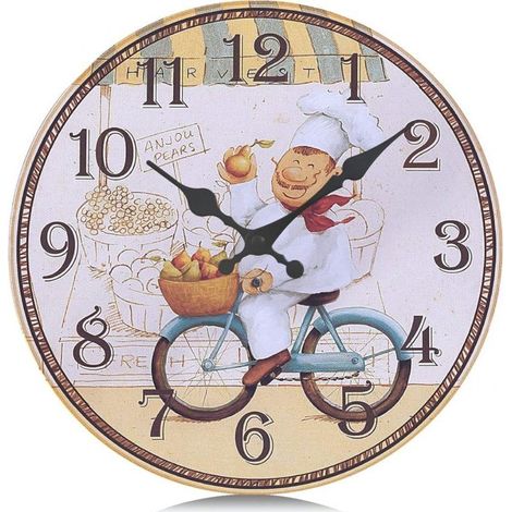 Horloge Murale Cuisine Bois Jaune Silencieuse 30cm Pendule Murale Quartz Rustique avec Le Modèle de Chef pour Salle a Manger (1/4)