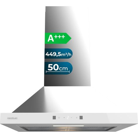 Cecotec Campana Extractora Piramidal 50 cm Bolero Flux PT 504400 Inox A++. Cristal Frontal en Blanco, Succión 449,5 m³/h