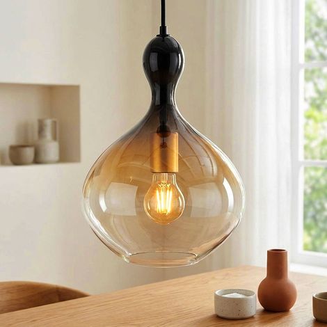 LED Pendellampe schwarz Wohnzimmerleuchte modern Esstisch Glasschirm rauch goldfarben, Metall, 1x 4W 320Lm warmweiß, DxH 23x120 cm (1/5)