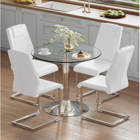 Set tavolo da pranzo rotondo in vetro temperato 85 cm con 4 sedie bianche (1/5)