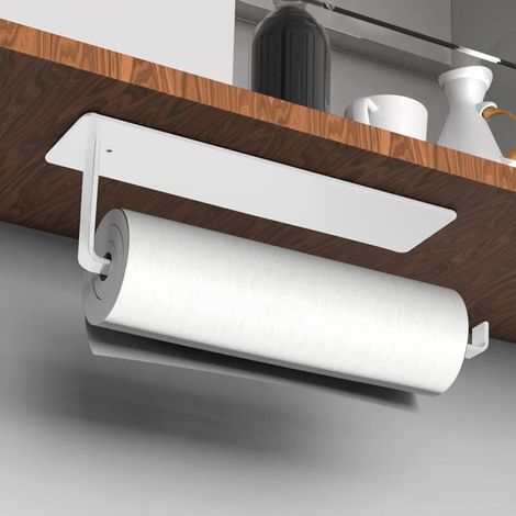 Porta rotolo di carta assorbente autoadesivo, porta rotolo per carta da cucina, dispenser di carta assorbente a parete per sottopensile/bagno, in metallo, 26 cm, bianco