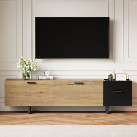 Meuble TV moderne bois naturel et noir niches ouvertes grands tiroirs rangement fermé pieds métal effet flottant séjour moderne