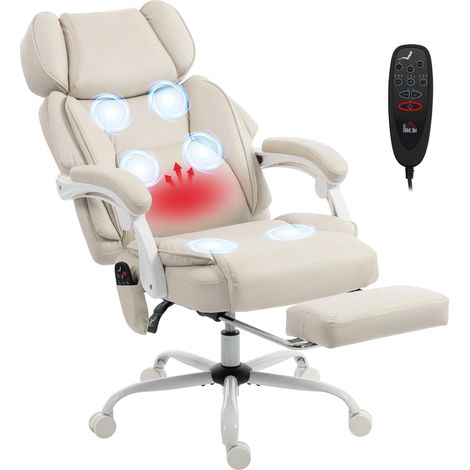 Bürostuhl mit hoher Rückenlehne, Vibrationsmassage- und Heizfunktion, ergonomisch, verstellbar, mit Fußstütze, cremeweiß (1/5)