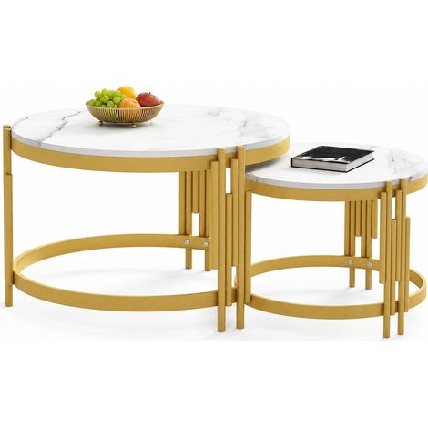 CHICFURN Mesa de centro nido 2 piezas 71,5 x 71,5 x 44 cm MDF blanco metal dorado (1/5)