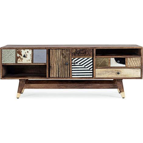 Meuble TV DOKI 140cm – 2 portes, 3 tiroirs, 2 niches – Multimatières colorées & esprit artisanal (1/5)