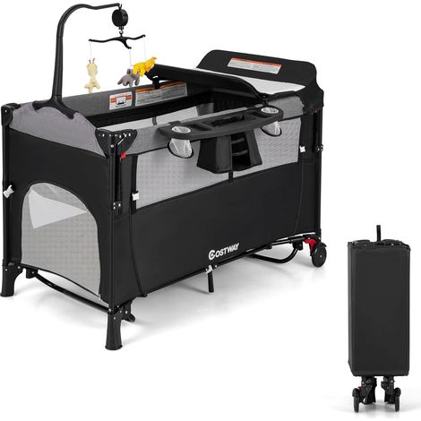 COSTWAY Cuna de Viaje Convertible 5 en 1 con Cambiador, Bolsillo de Almacenamiento, Centro de Guardería para Bebés, Juguetes Colgantes, Cuna Ajustable de 4 Niveles con Ruedas y Frenos (Negro) (1/5)