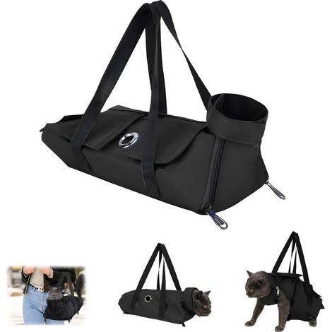 Sac de toilettage pour chat - Noir - Anti-griffures - Avec trous pour les pieds - Pour couper les griffes, nettoyer les oreilles et les ongles - Noir - Taille S (1/4)