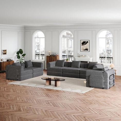 Canapé panoramique 274x91x70 cm, modulable 2 en 1 en chenille avec espace de rangement dans les accoudoirs, cadre en métal, canapé convertible - Gris