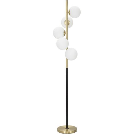 Piantana Glamy Dark a 5 luci in ferro nero e oro con sfere in vetro bianco