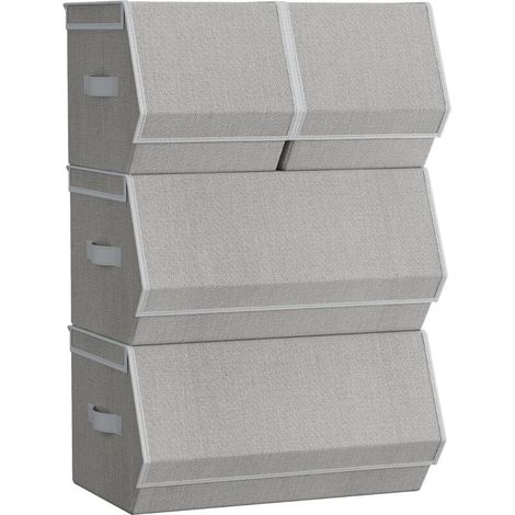 Aufbewahrungsbox mit Deckel, 4er-Set, Truhe, Korb, stapelbar, mit Magnetverschluss, Stoff, Metallrahmen, für Kleidung, Bücher, Taubengrau (1/4)